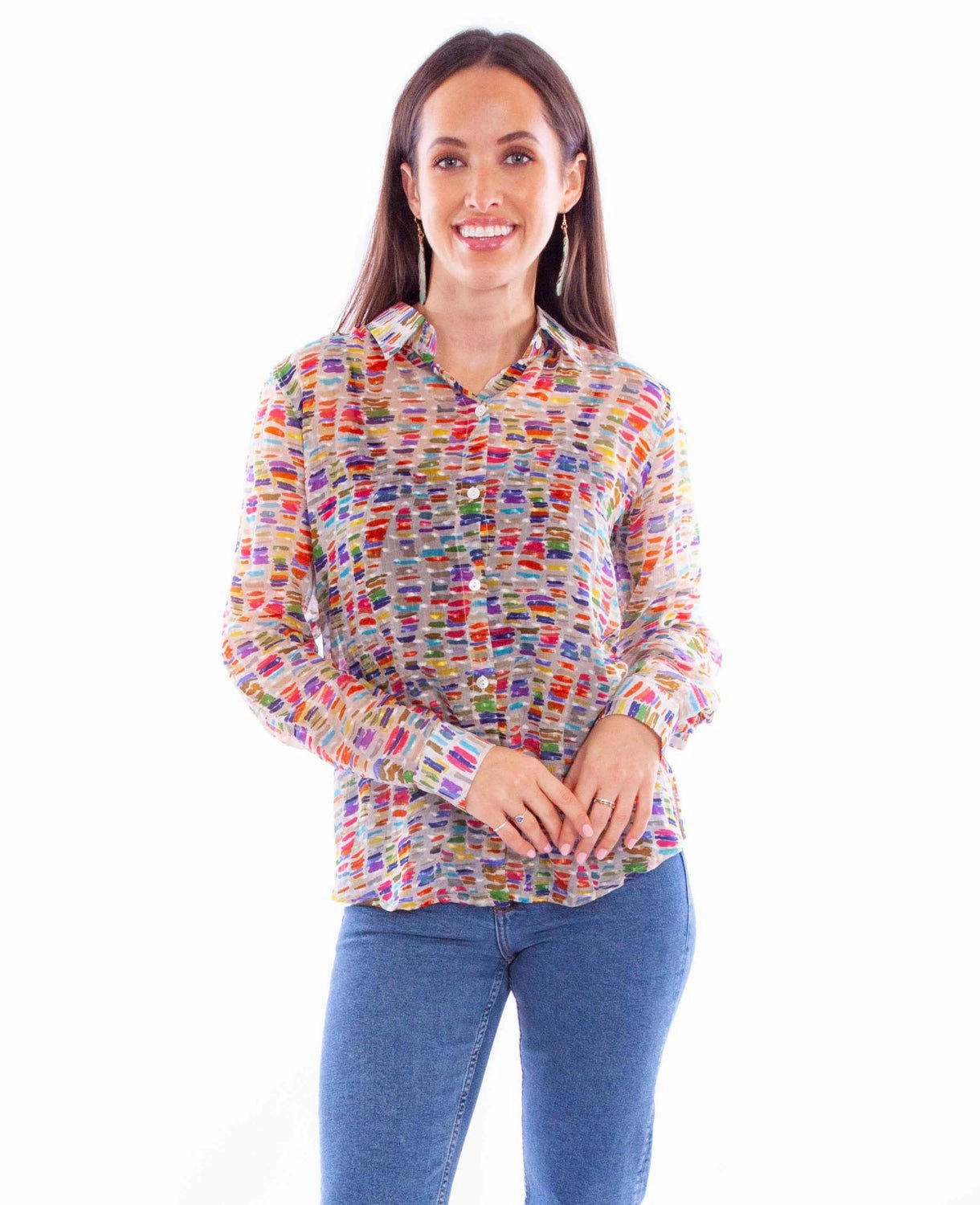 Scully Womens Stained Glass Multi-Color Rayon L/S Blouse Luxury Feel Premium Finish