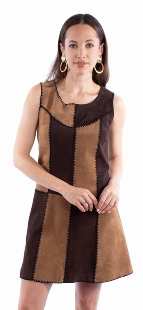 Versatile Wear Hook-And-Eye Scully Womens Multi-Color Patchwork Brown/Tan Leather S/L Dress