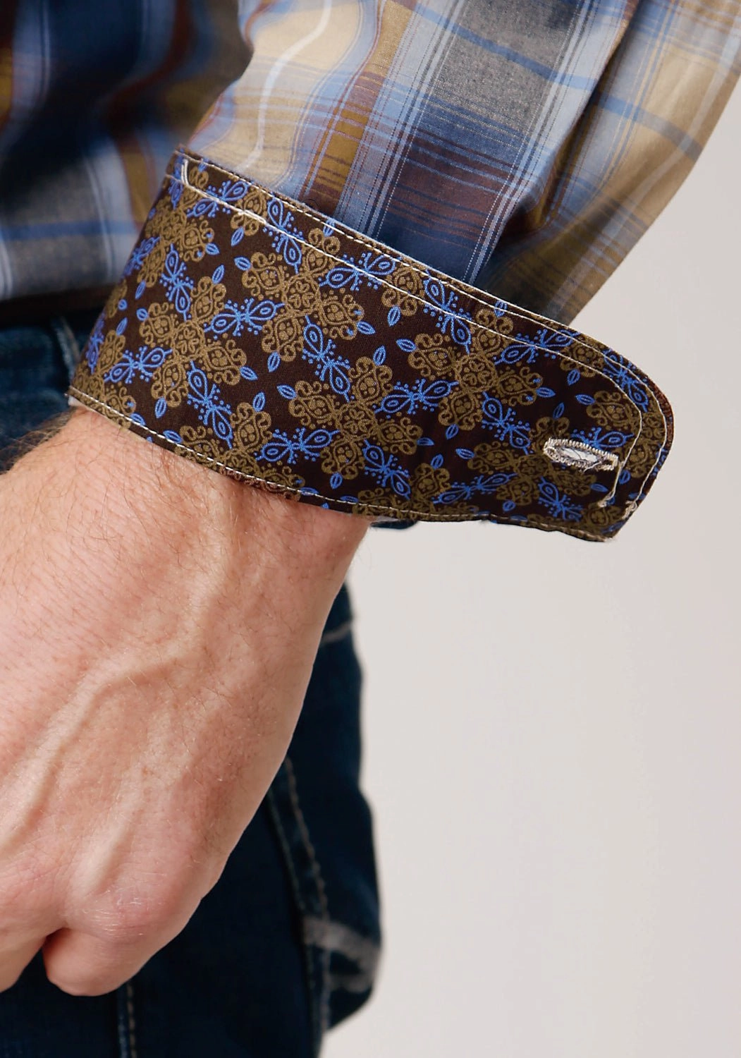 Roper Mens Ranch Plaid Brown 100% Cotton L/S Shirt Tall Length Loose Fit