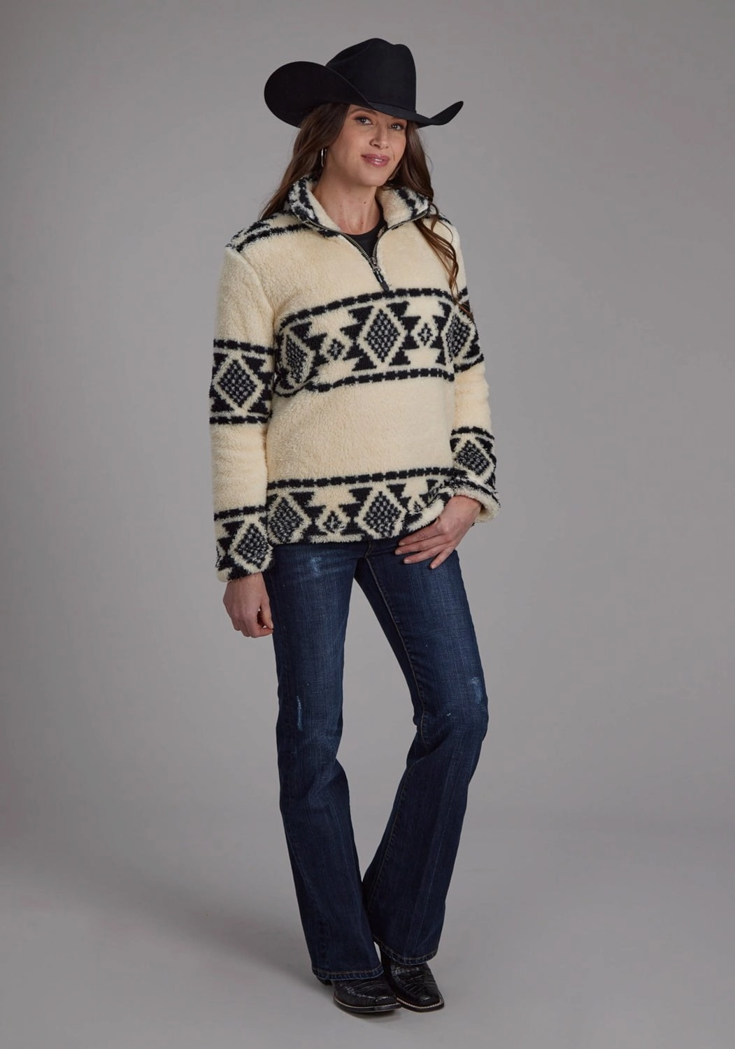 Roper Womens Aztec Stripe Black/Cream 100% Polyester Fleece Jacket Rainy Day Option