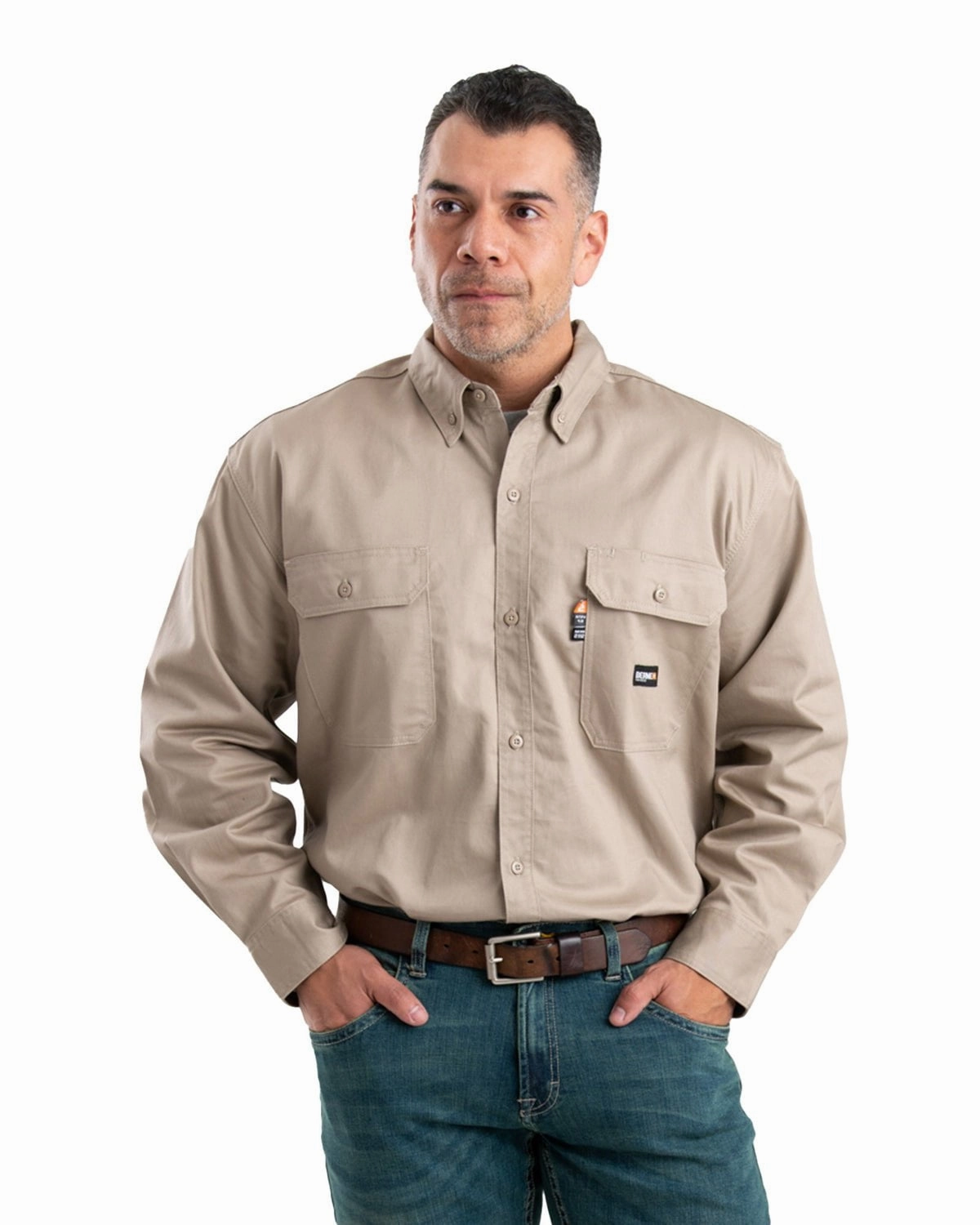 Handcrafted Detail Berne Apparel Mens Flame Resistant Button Down Work Khaki Cotton Blend L/S Shirt
