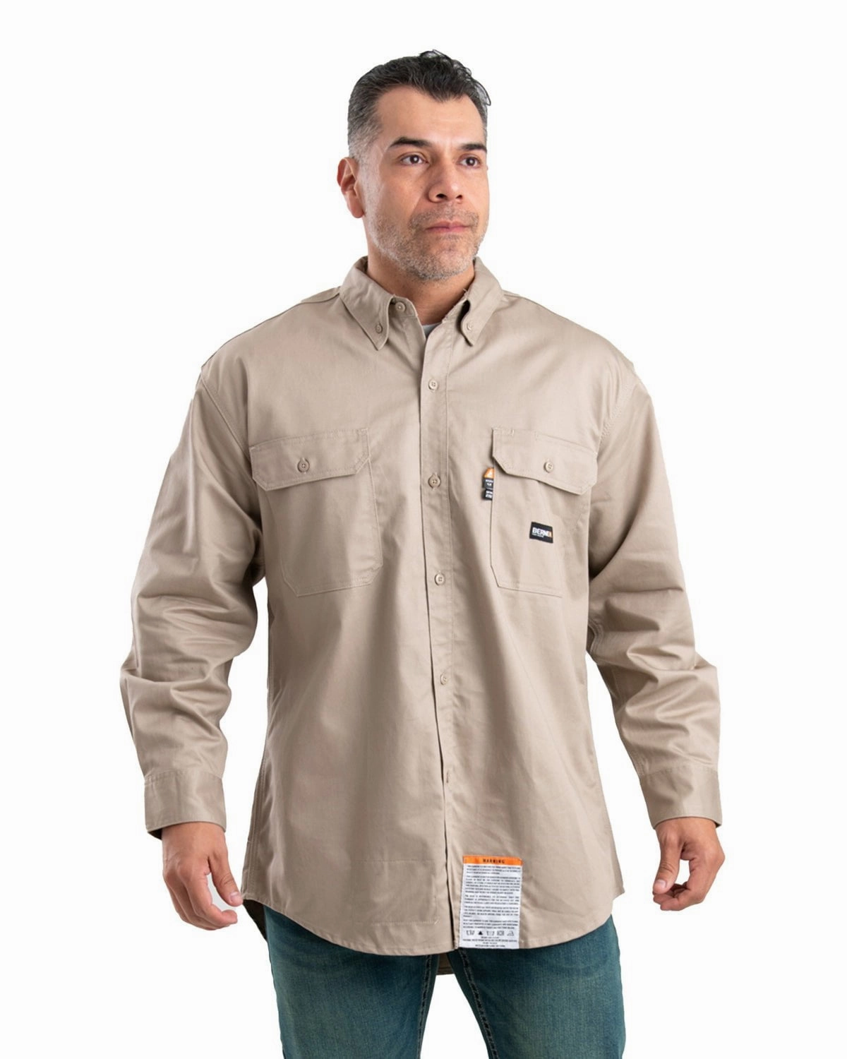 Split hem Berne Apparel Mens Flame Resistant Button Down Work Khaki Cotton Blend L/S Shirt