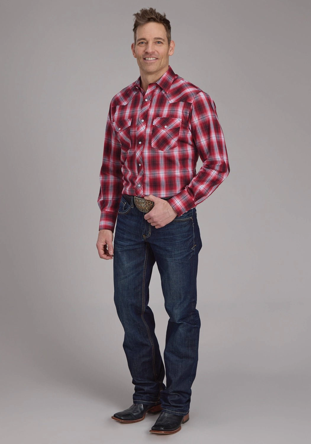 Roper Mens 2131 Plaid Red/White Cotton Blend L/S Shirt Neutral Tones