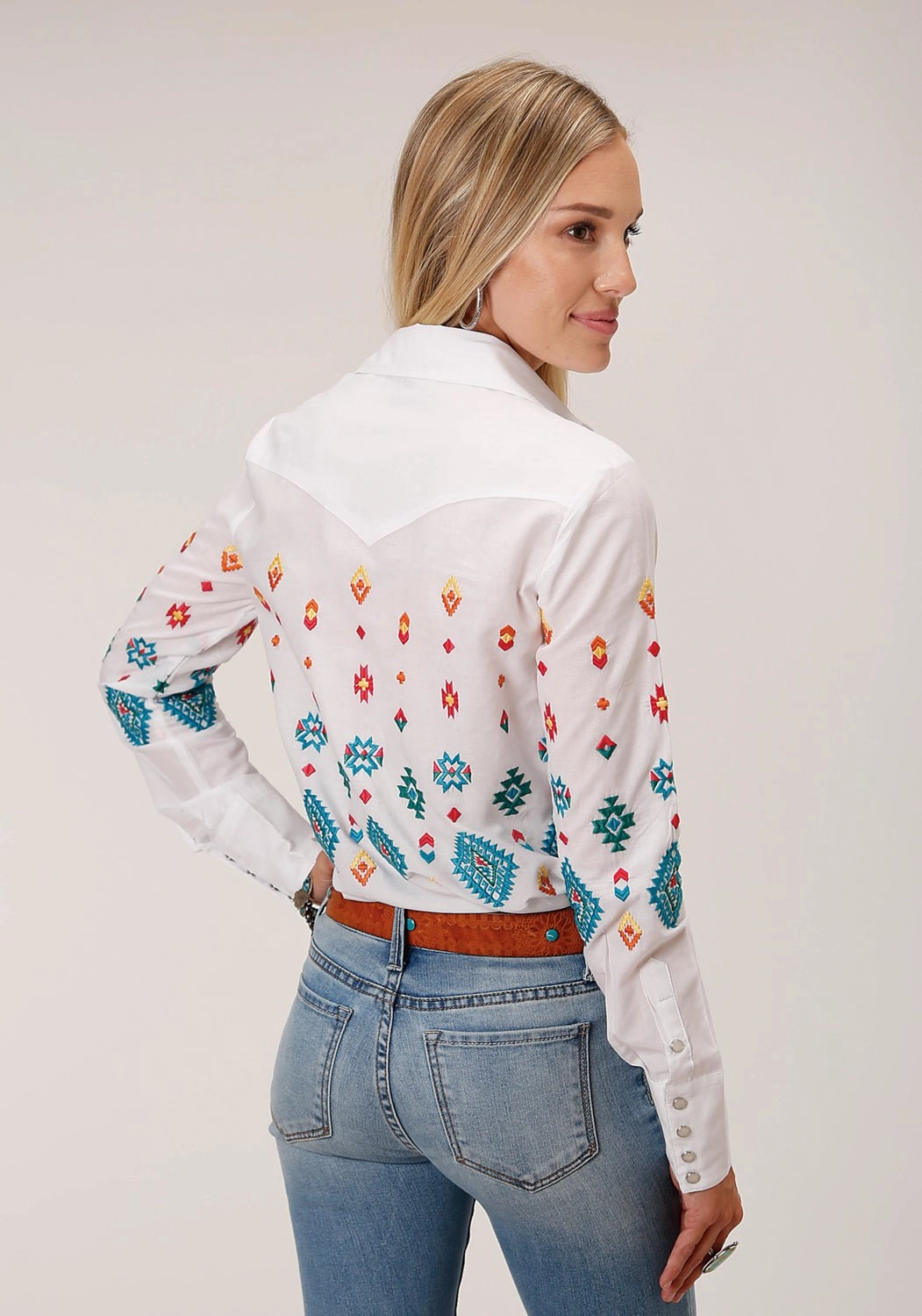 Embroidered Detail Roomy Cut Stetson Womens Bright Schiffli White 100% Cotton L/S Shirt