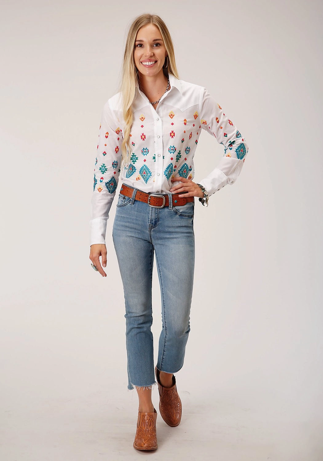 Stetson Womens Bright Schiffli White 100% Cotton L/S Shirt Flexible Movement Travel Friendly