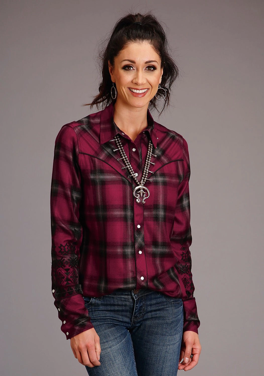 Pocket Detail Stetson Womens Western Plaid Wine 100% Rayon L/S Shirt