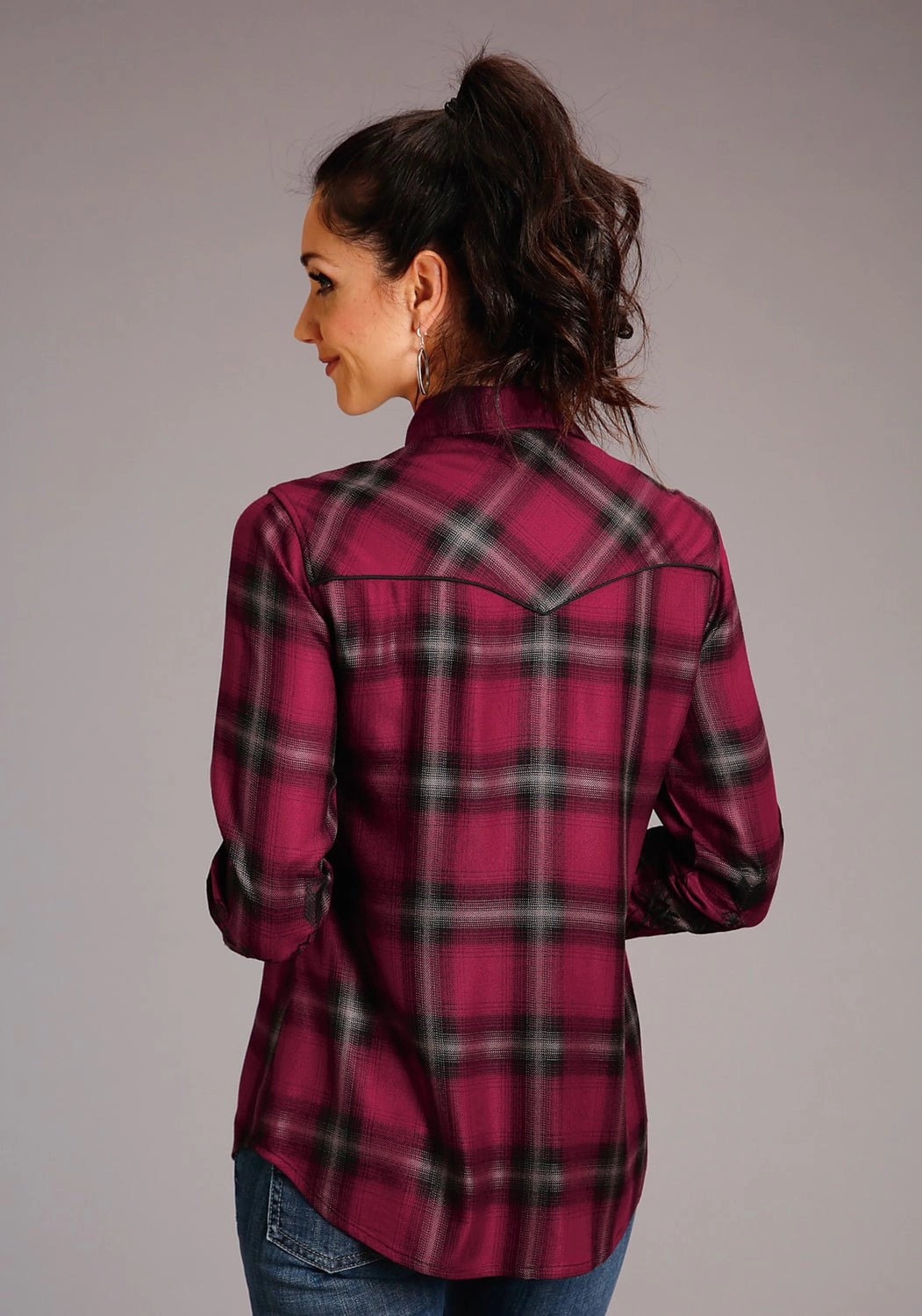 Stetson Womens Western Plaid Wine 100% Rayon L/S Shirt Monochrome Palette