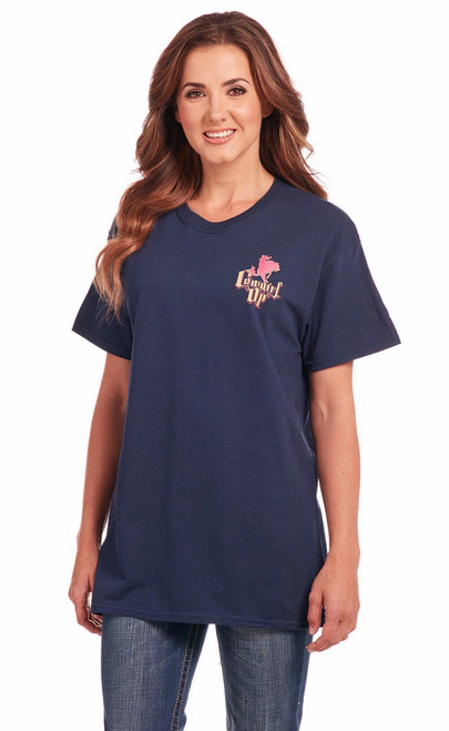 Cowgirl Up Womens Tough Boyfriend Navy 100% Cotton S/S T-Shirt Social Meetup Seasonal Wardrobe