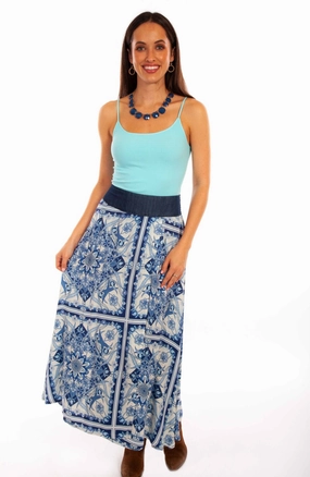 Scully Womens Floral Print Wrap Blue 100% Rayon Skirt Linen blend
