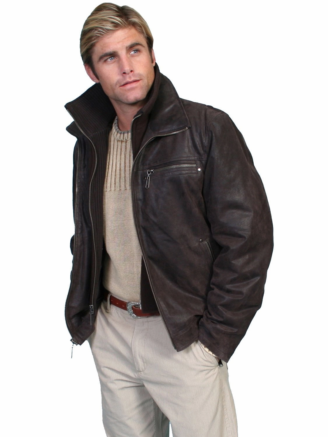 Functional Pocket Scully Leather Mens Brown Zip Out Knit Front Jacket