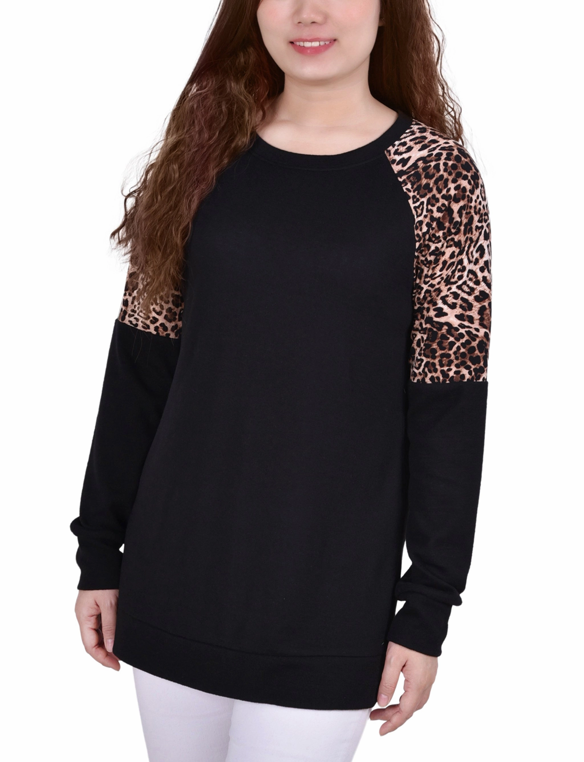 Airflow Ventilation Zones Petite Long Raglan Sleeve Top With Animal Print Insets