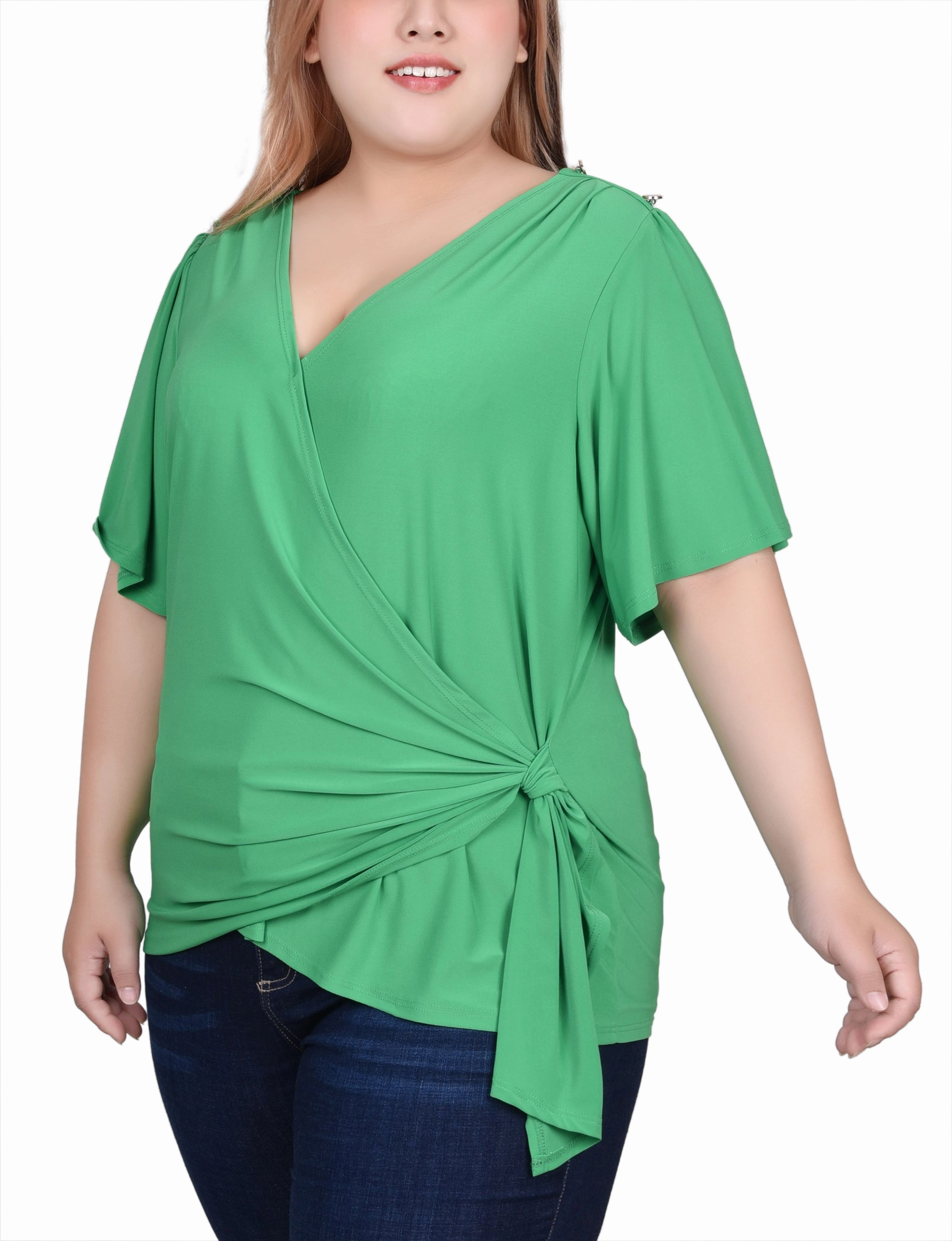 QuickRelease Brushed Microfiber Surface Plus Size Short Sleeve Wrap Top