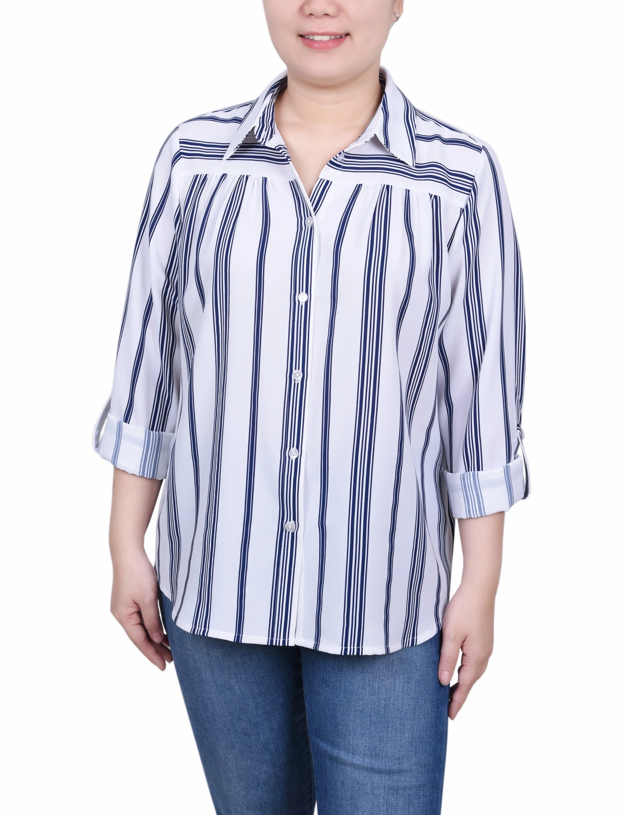 Tailored Silhouette Long Roll Tab Sleeve Blouse