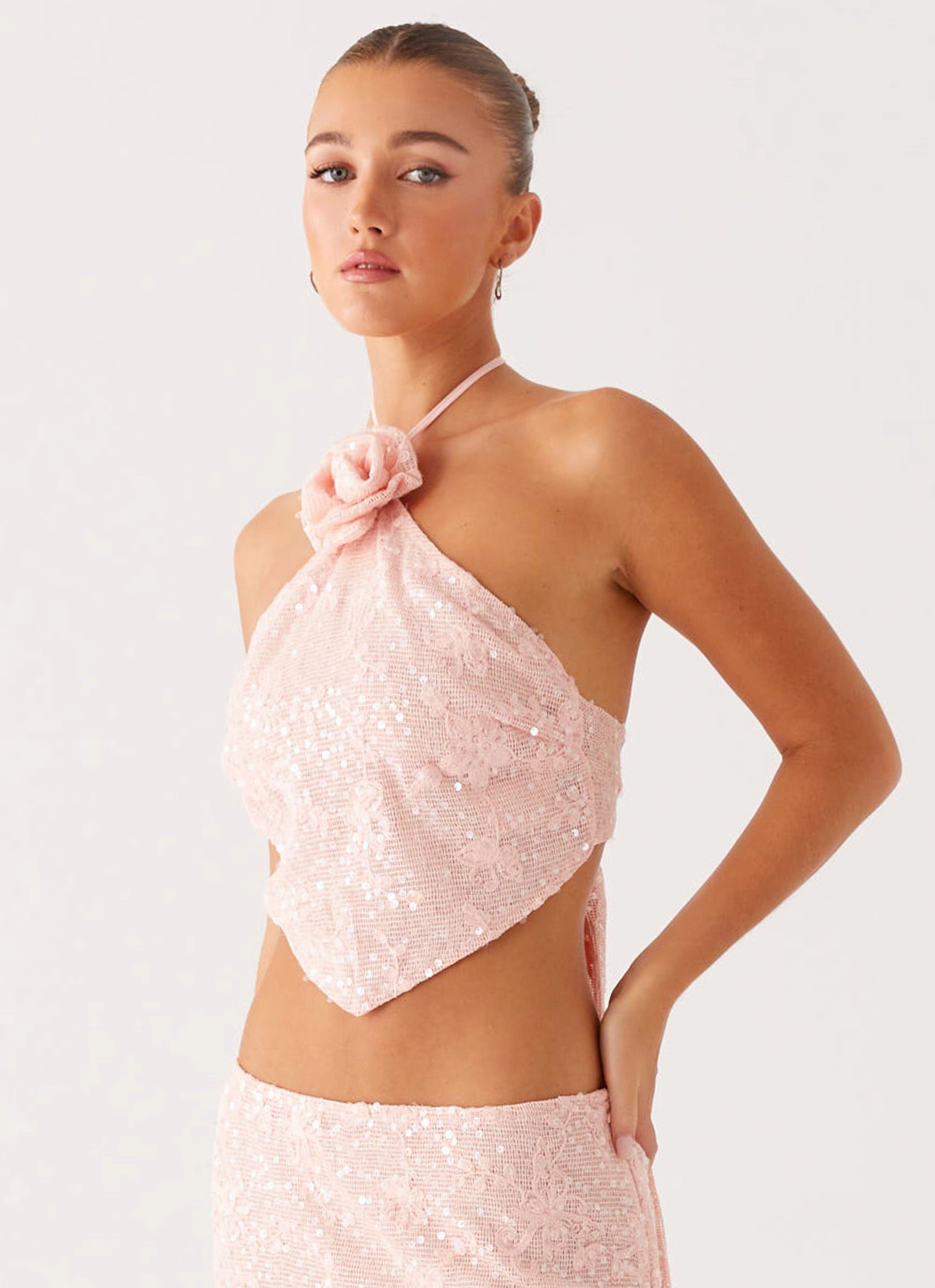 Queenie Sequin Halter Top - Pink Reinforced Shoulder Seams