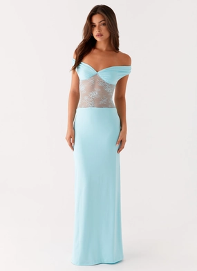 Textured Finish Cashmere Blend Infatuation Lace Maxi Dress - Turquoise