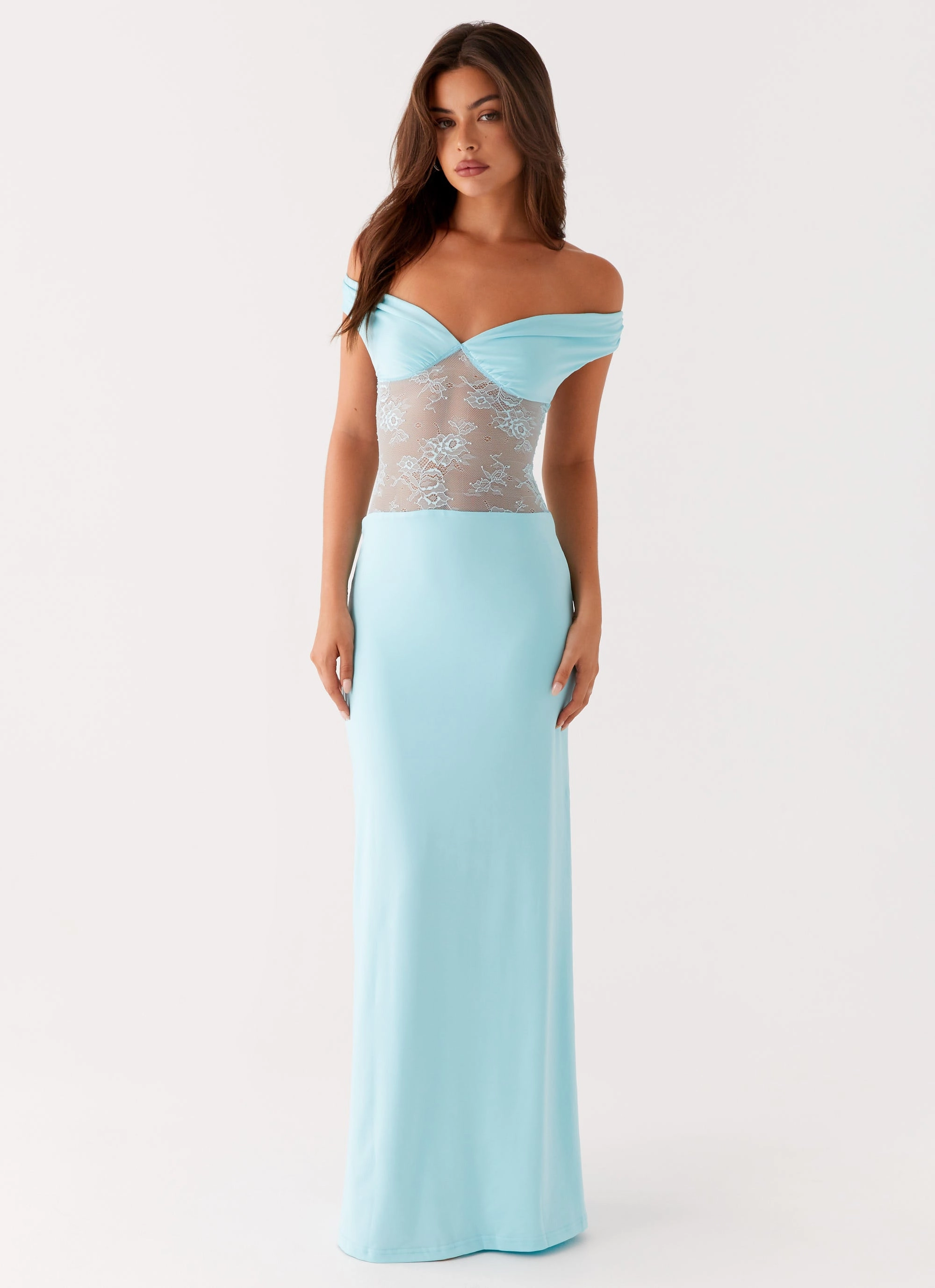 Textured Finish Cashmere Blend Infatuation Lace Maxi Dress - Turquoise
