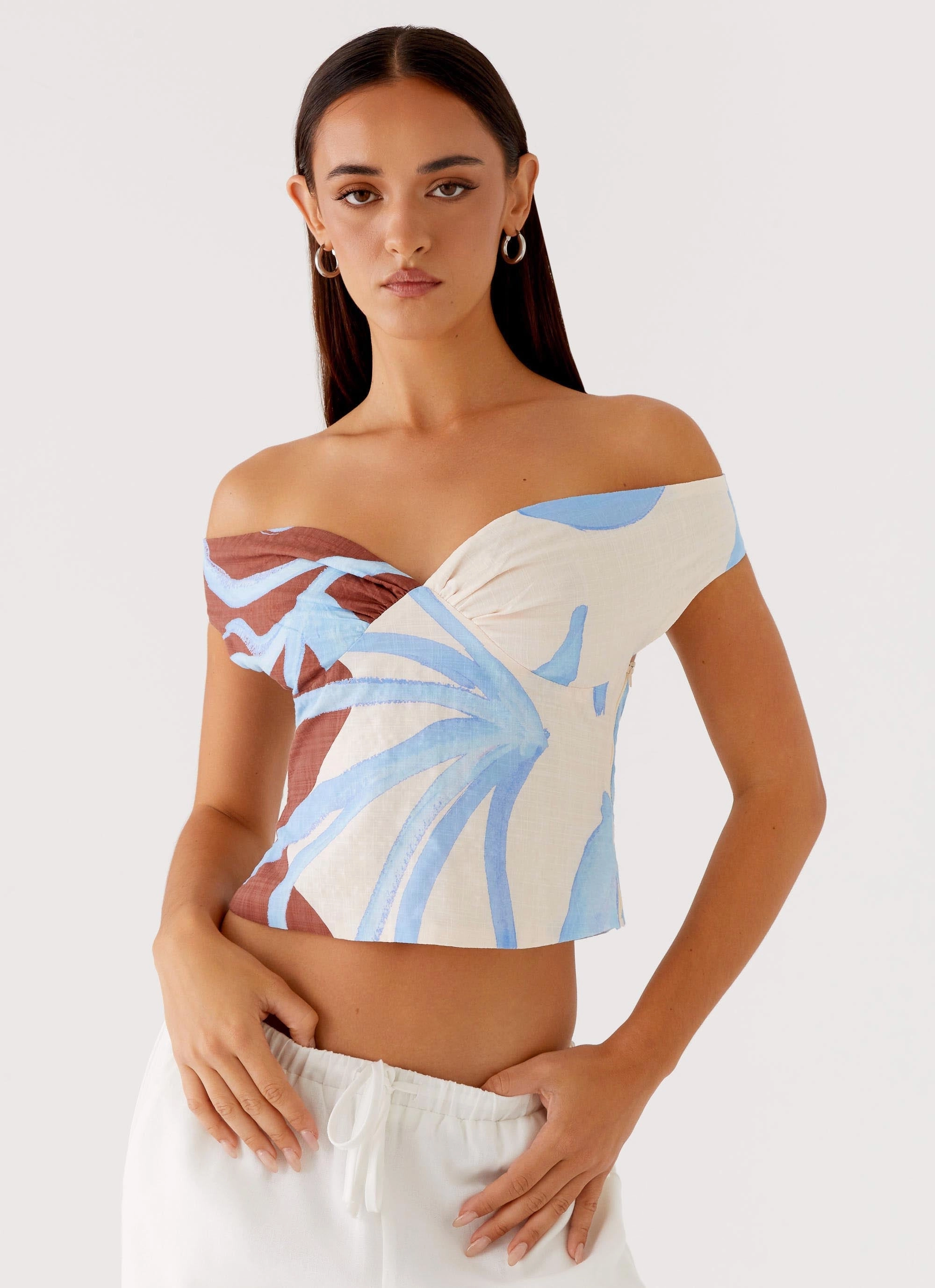 Ozella Off Shoulder Top - Bloom Wave Print ContrastTipping Sustainable Material Blend