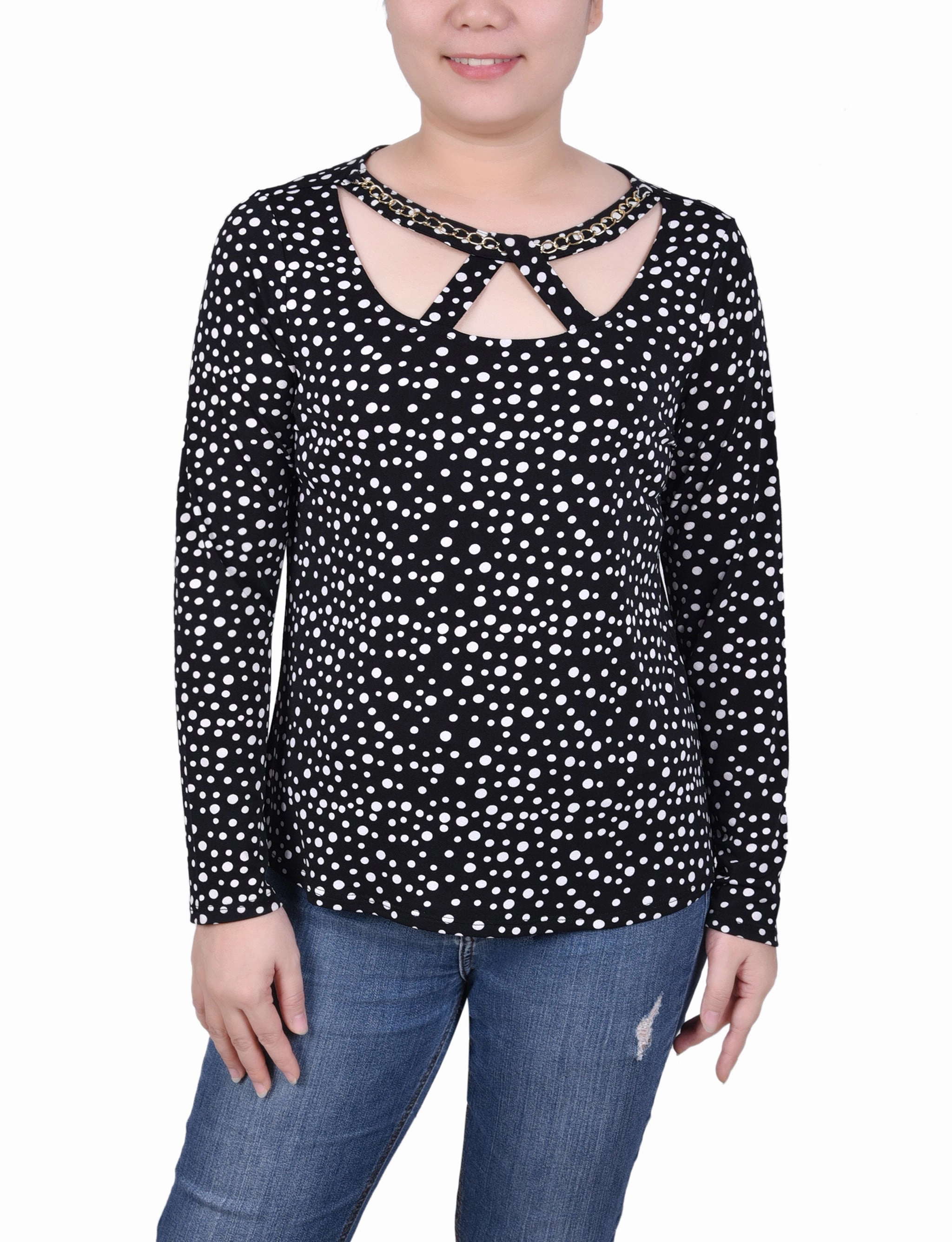 Relaxed Crew Neck Opening Long Sleeve Jeweled Neck Top