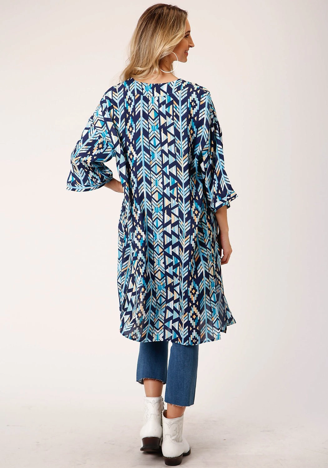 Roper Womens Modern Aztec Blue 100% Rayon S/S Cardigan Sweater Stretch Knit