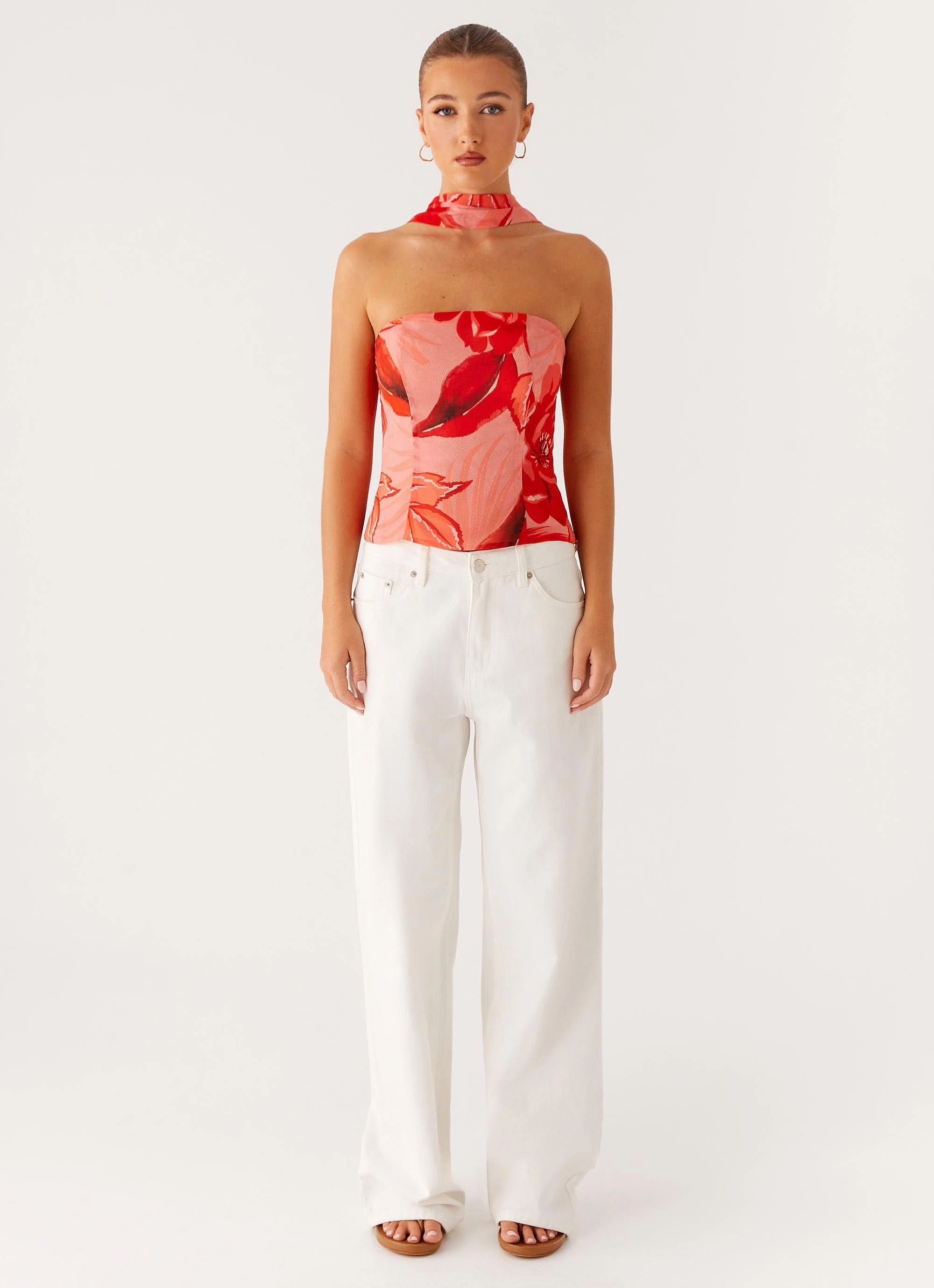 Anais Scarf Top - Sicily Sunset Print Relaxed Fit Shirt Knit Fabric Technology