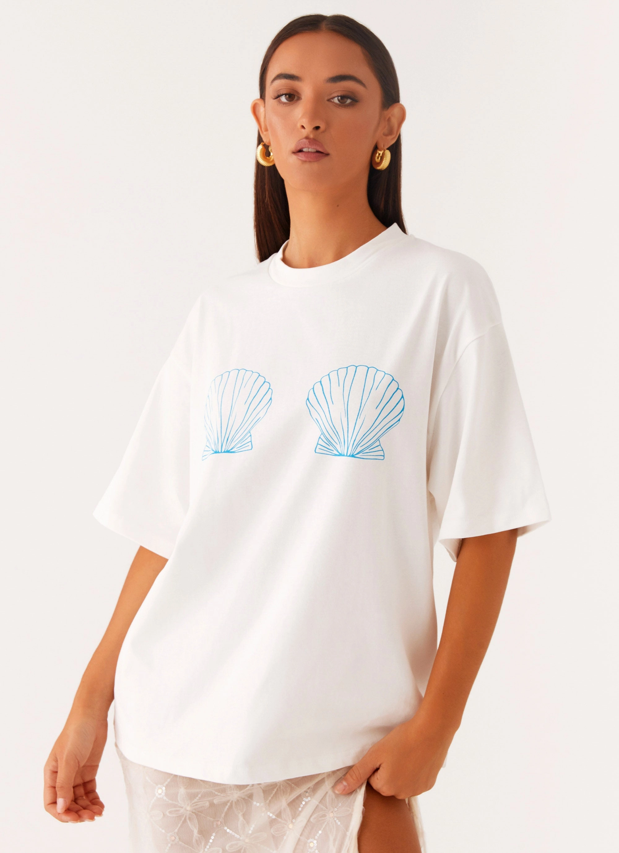 Born To Have Fun Oversized Graphic Tee - Blue Shell Linen Blend Fabric
