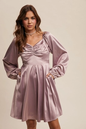 Carly Cinched Long Sleeve Satin Dress Semi Formal