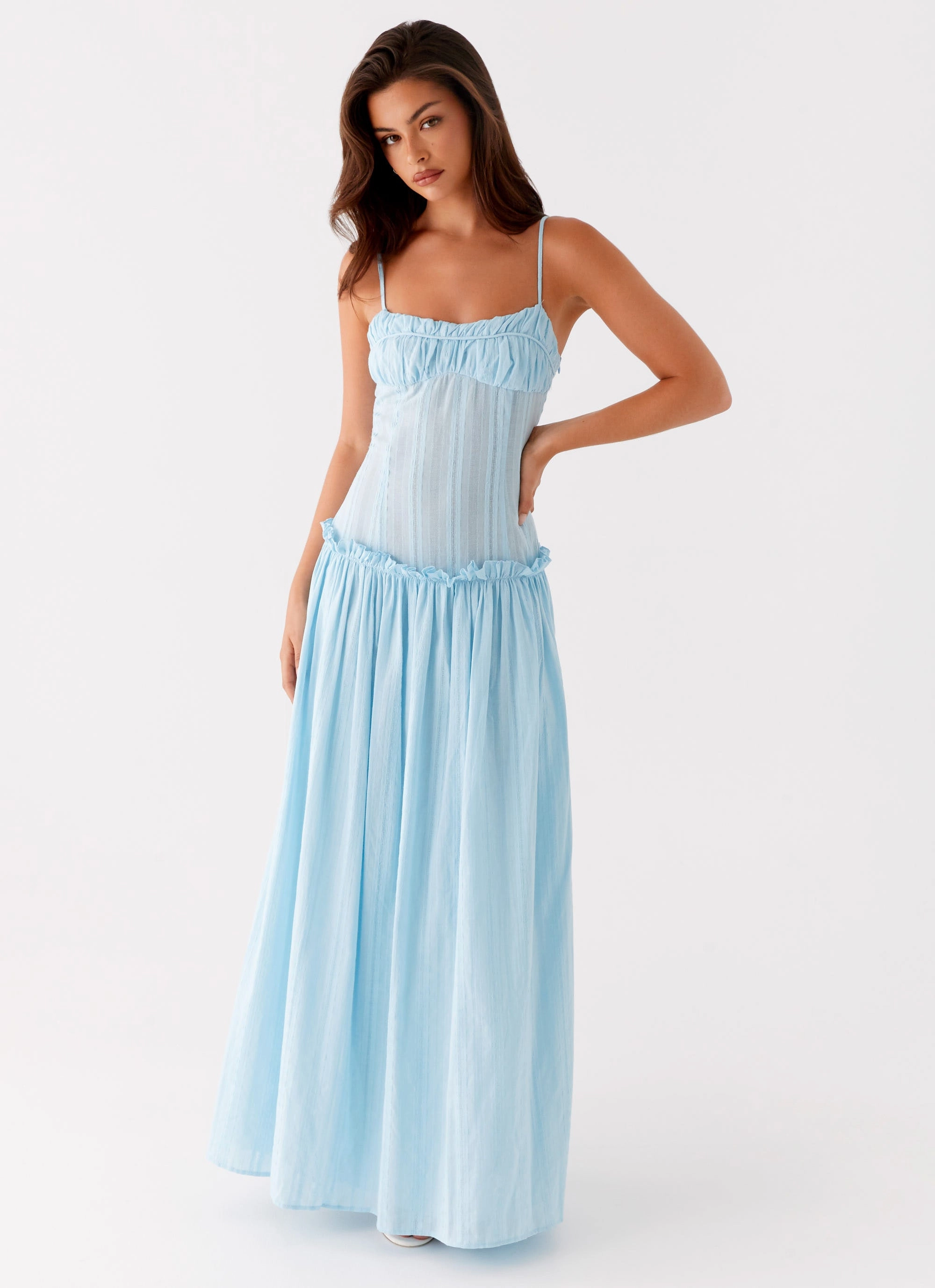 Jacinda Drop Waist Maxi Dress - Blue Quilted Pattern Elegant Evening