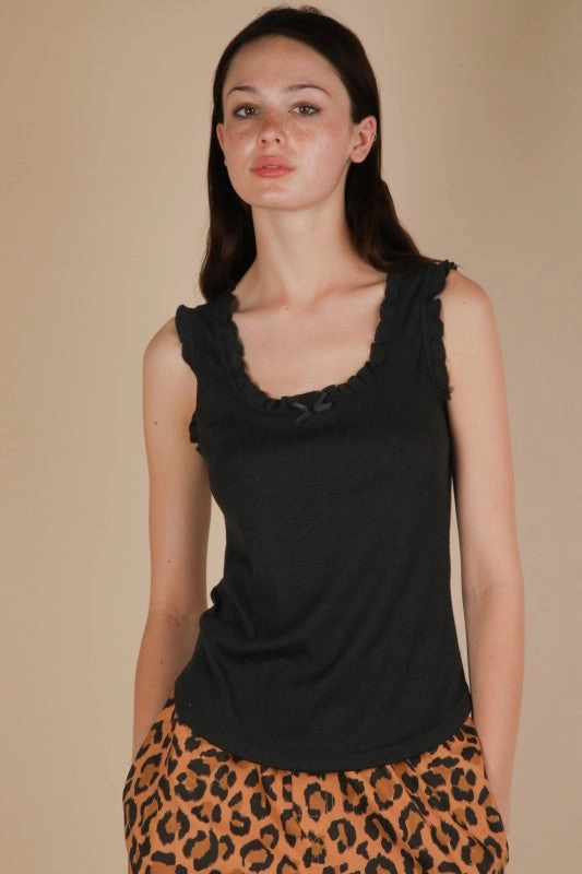 Stain Repellent Coating Jade Bow Trim Ruffled Knit Tank Top