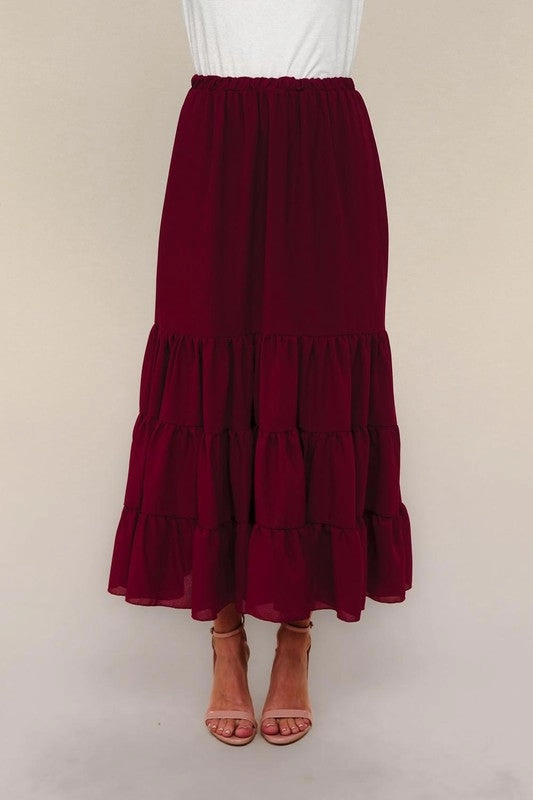 Jane Solid Elastic Waist Maxi Woven Skirt W/lining Seamless Finish