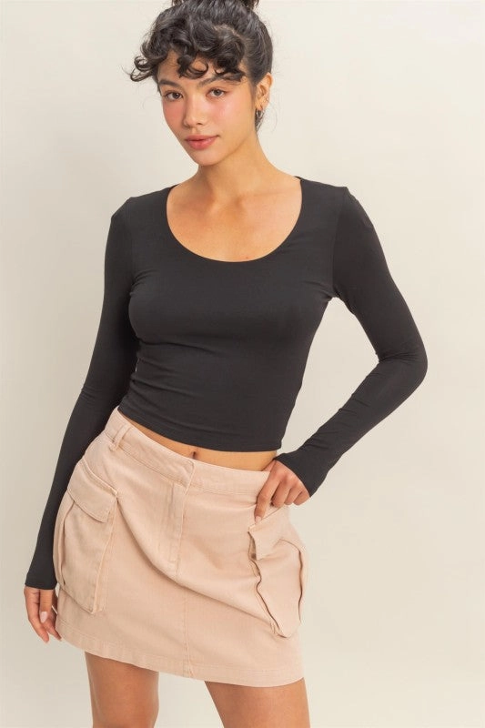 Jenna Scoop Neck Long Sleeve Crop Top HiddenZipper NoiseReduciting Zipper