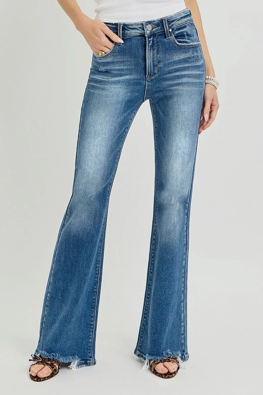 Jennie Tummy Control High Rise Flare Step Hem Jeans Classic Wear Textured Elegant Minimalist Outdoor Adventure