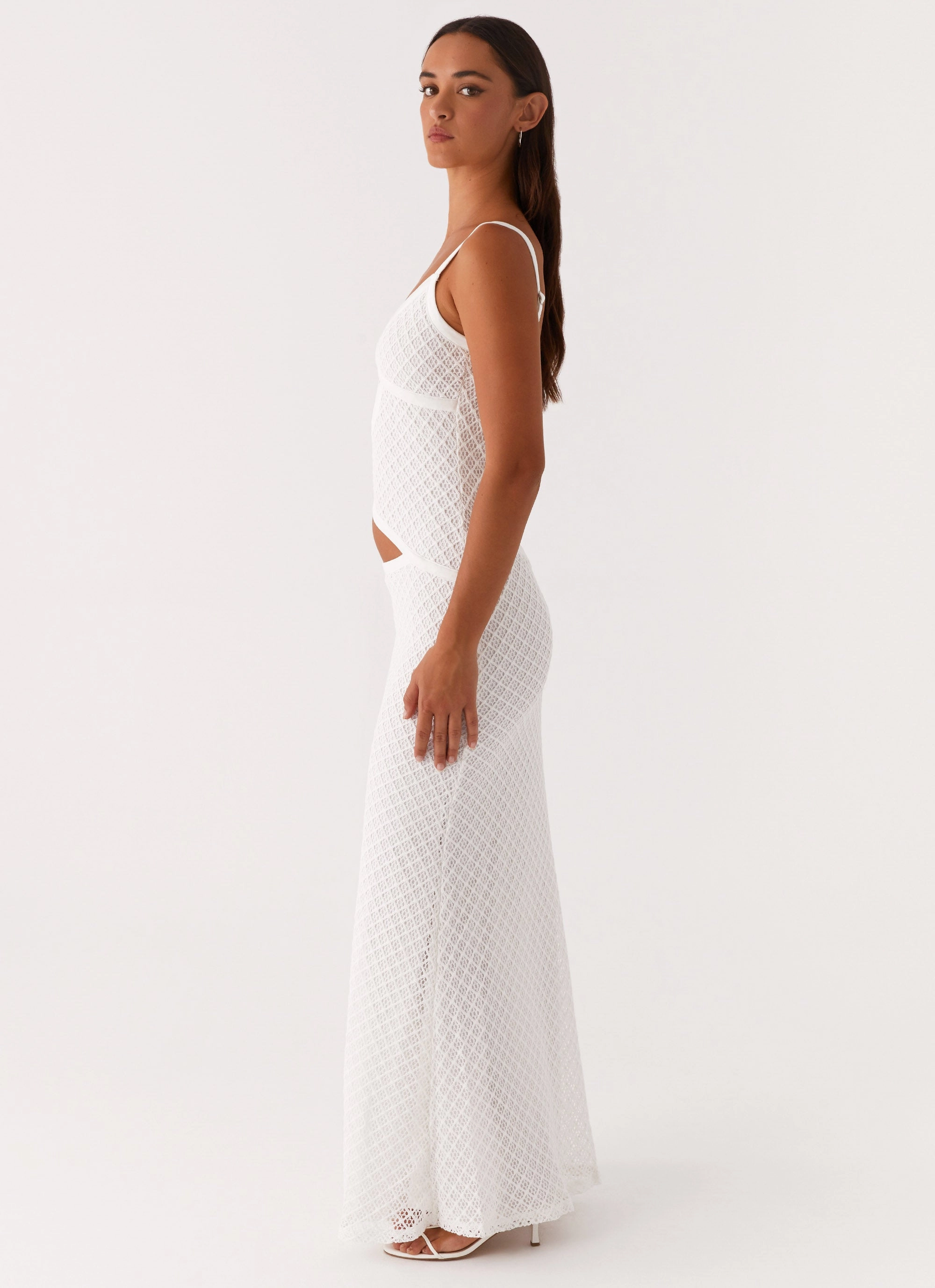 Jocelyn Maxi Dress - White Crochet Slim Tailored Causal Wool Coat