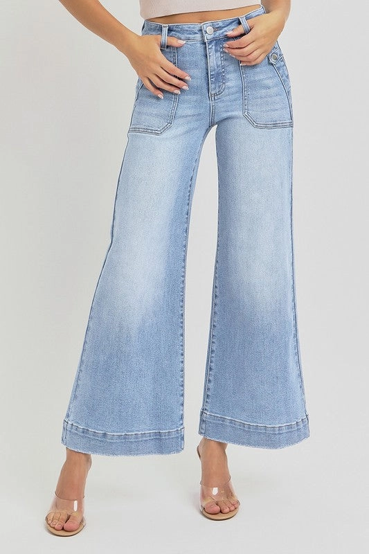 Riveted Stress Points Non Restrictive Thigh JODIE HIGH RISE ANKLE WIDE LEG PATCH FRONT POCKET JEANS