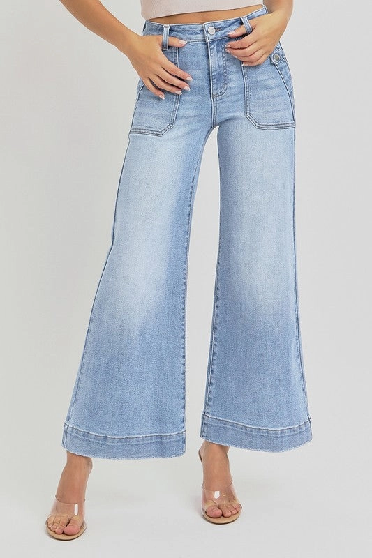 Weekend Warrior Smooth JODIE HIGH RISE ANKLE WIDE LEG PATCH FRONT POCKET JEANS