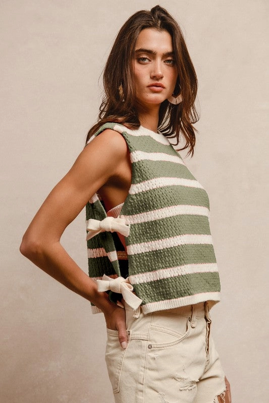 JULY TEXTURED STRIPE SIDE TIED VEST TOP S-XL VentilatedMeshPaneling