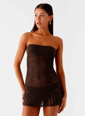 Stylish Wool Coat Kaiane Strapless Crochet Mini Dress - Chocolate