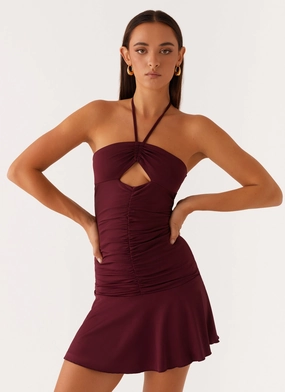 Katrina Halterneck Mini Dress - Deep Maroon warm tones Gender Inclusive