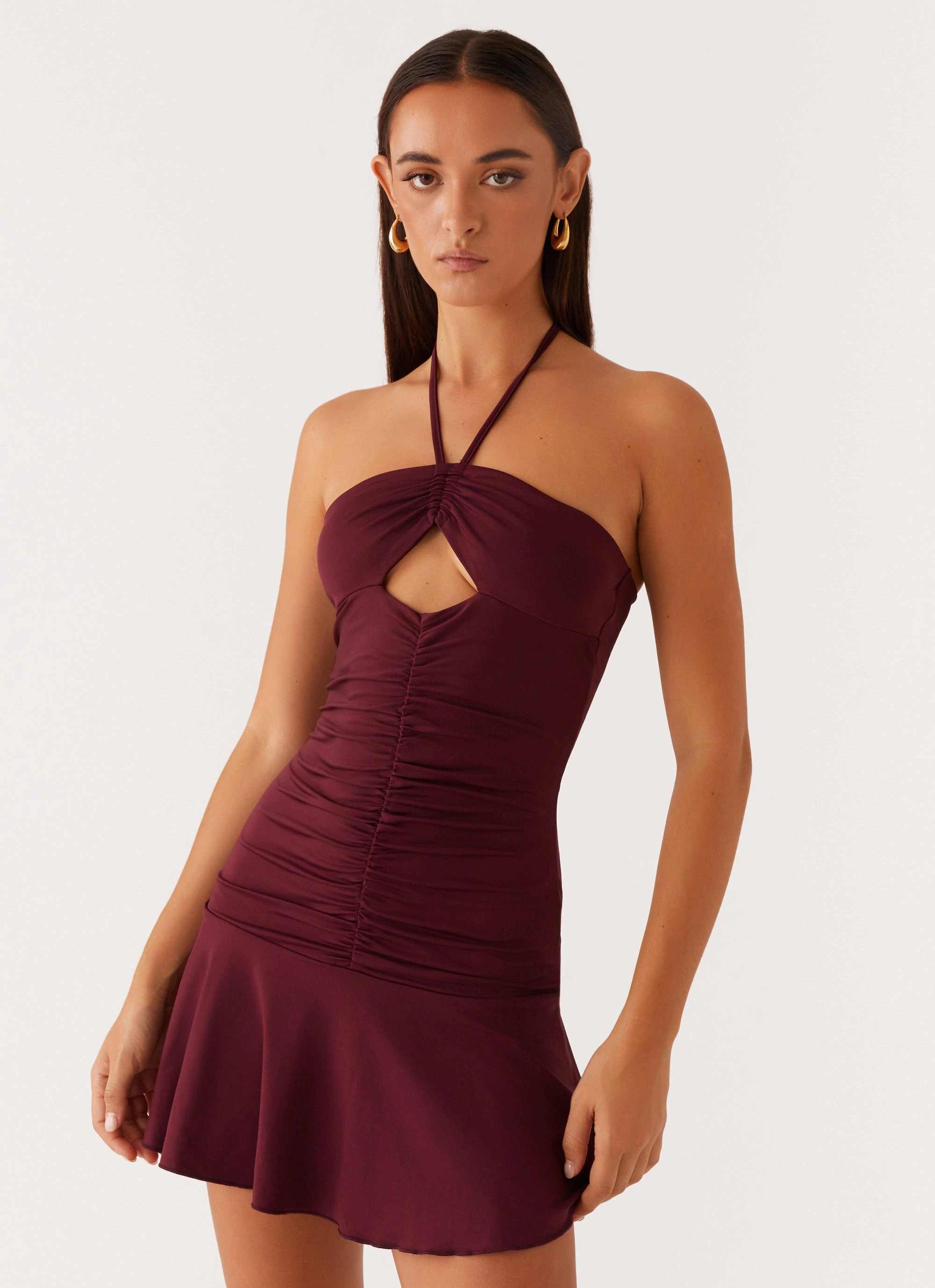 Chic Layers Katrina Halterneck Mini Dress - Deep Maroon