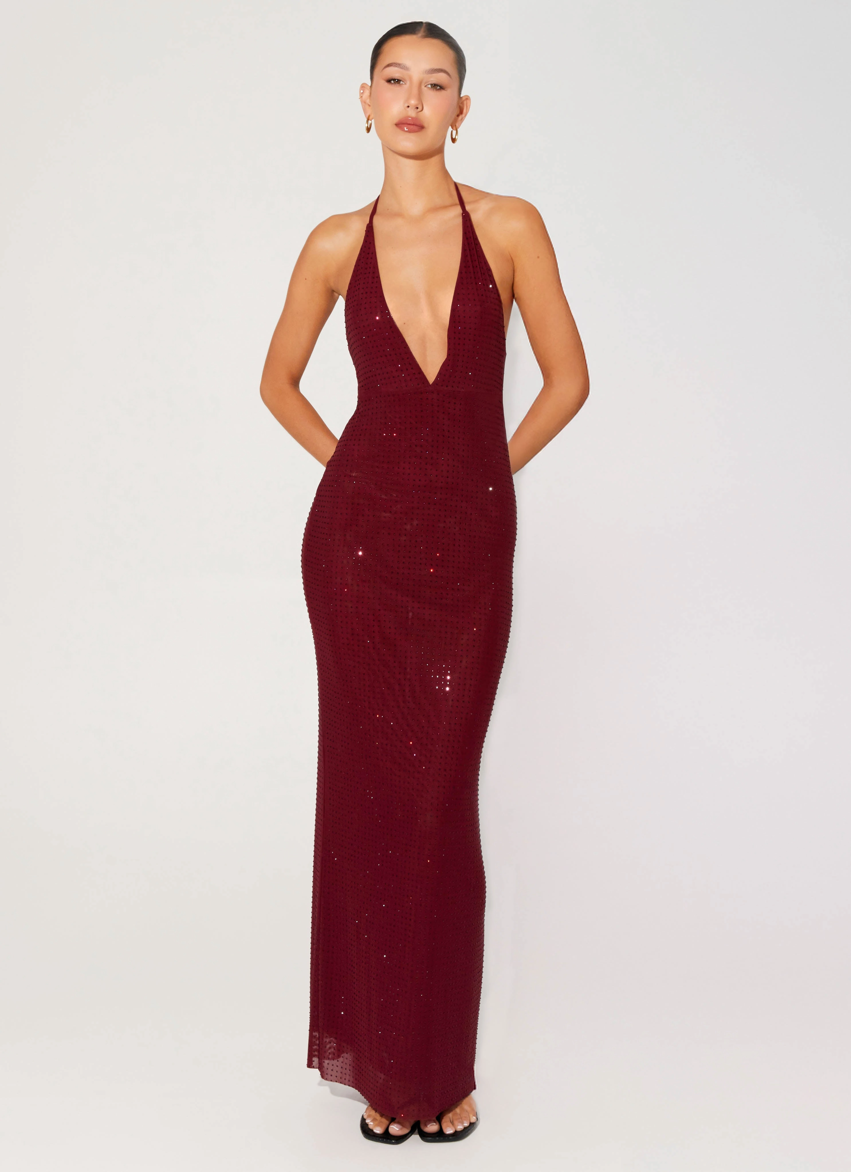 Sleek and Warm Chilly Protection Coat Keliese Beaded Maxi Dress - Burgundy