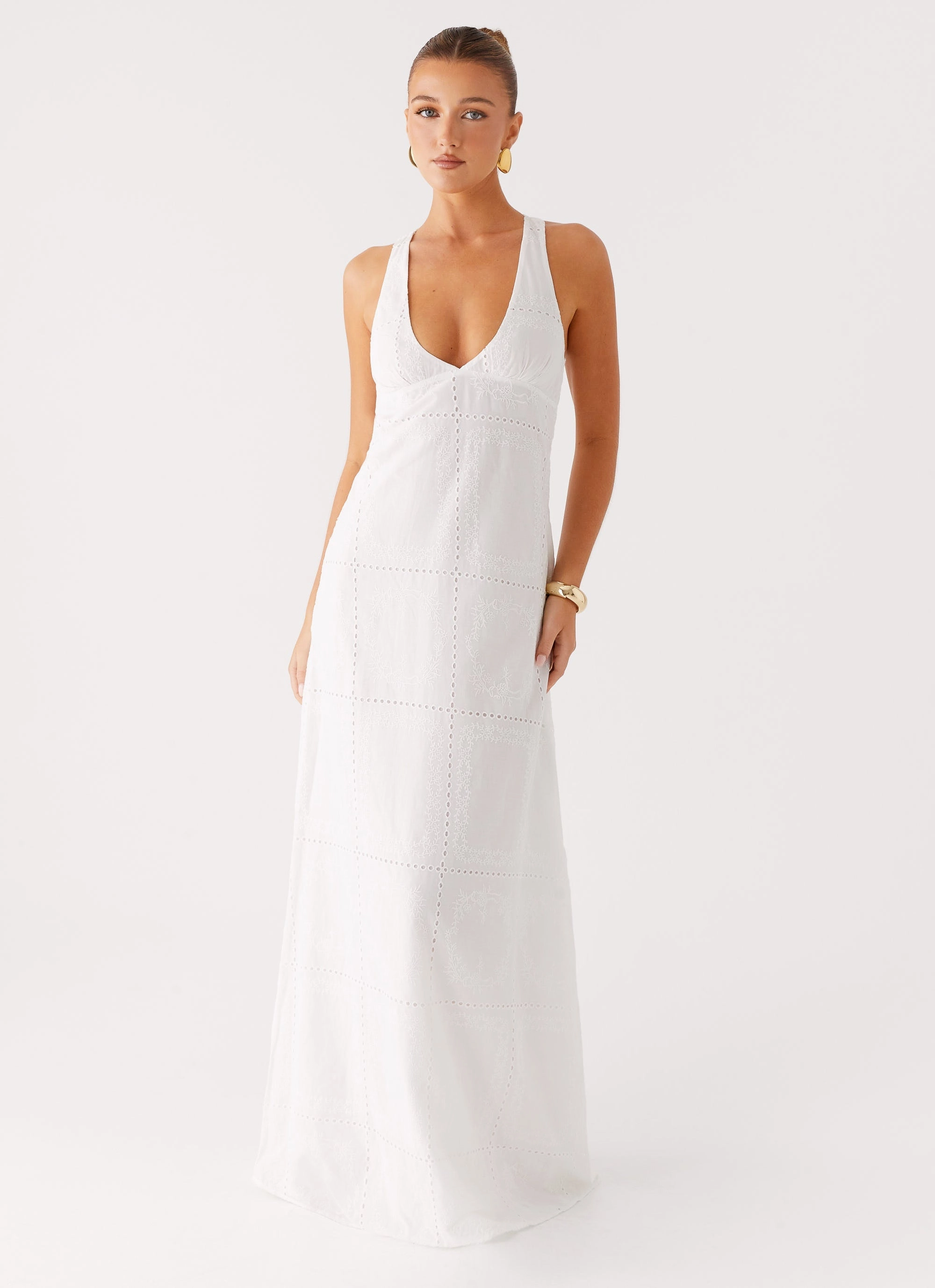 Hooded Coat Textured Finish Kiana Halter Maxi Dress - White