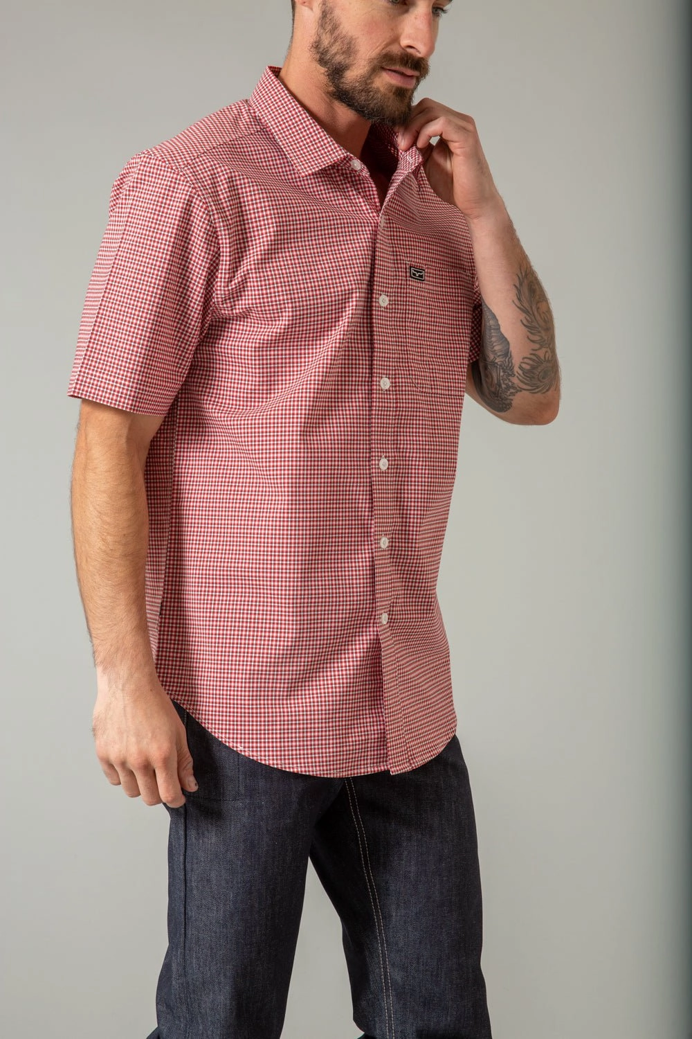 Lightweight Construction Yoke Design Kimes Ranch Mens Chute Mini Check Red Cotton Blend S/S Shirt