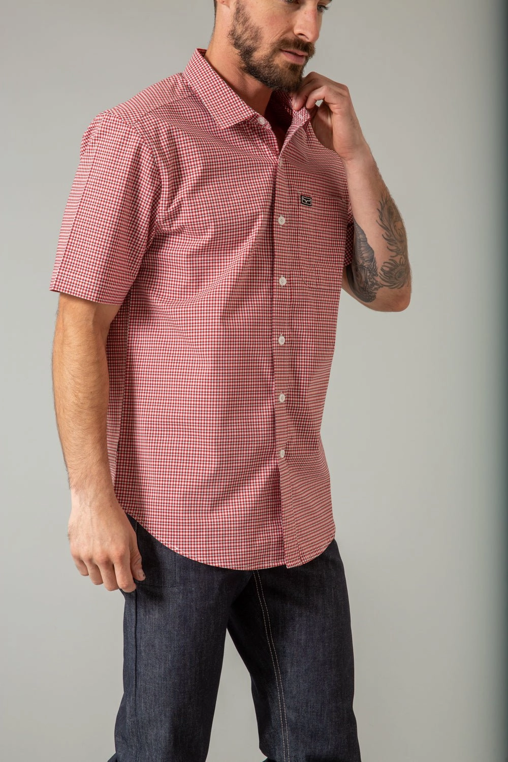 Ultra Soft Interior Kimes Ranch Mens Chute Mini Check Red Cotton Blend S/S Shirt