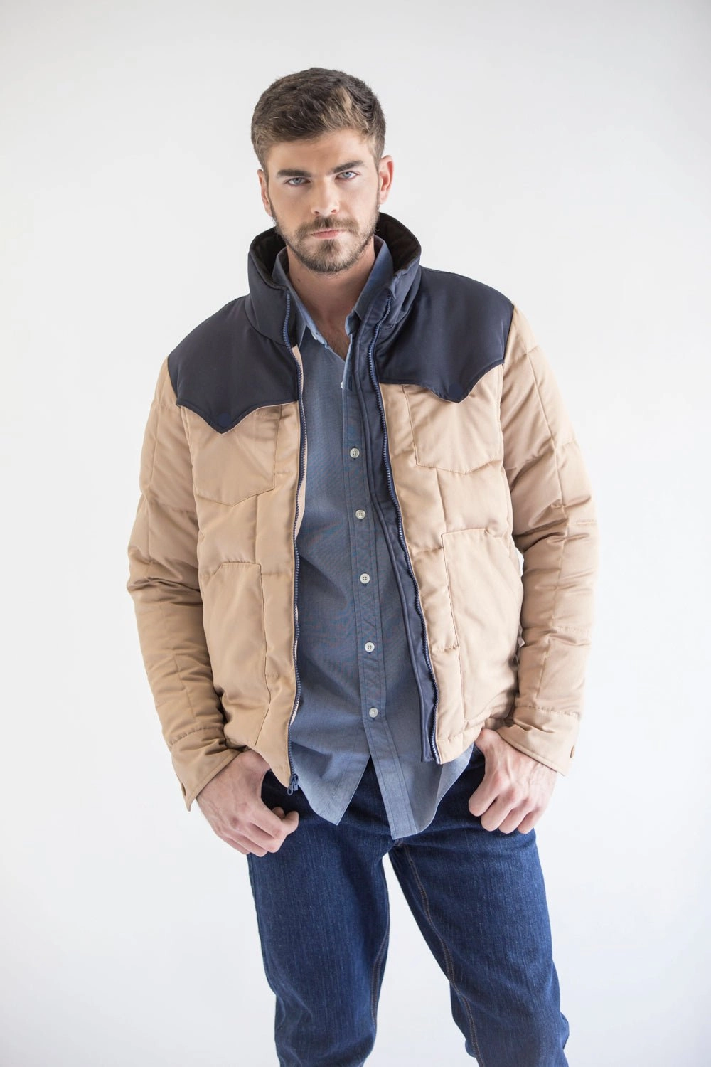 Long Length HighCollarDesign Kimes Ranch Mens Colt Navy/Tan 100% Nylon Insulated Jacket