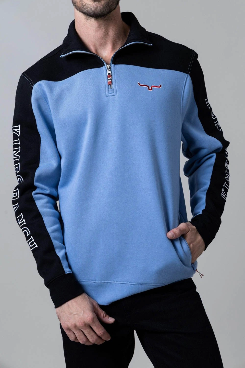 Ruffle Edge Vintage Wash Kimes Ranch Mens Competitor Light Blue Poly/Cotton 1/4 Zip Sweater