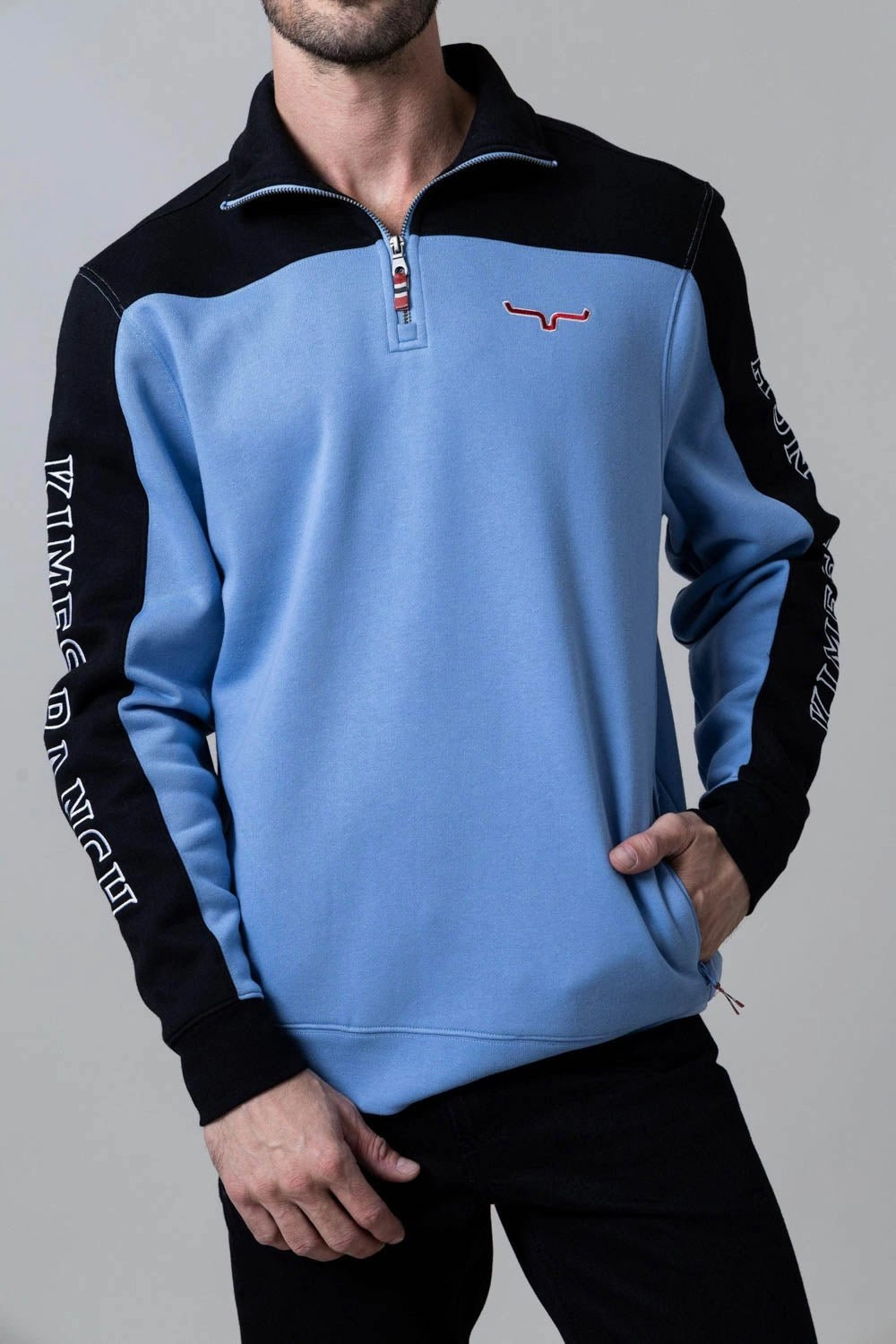 Kimes Ranch Mens Competitor Light Blue Poly/Cotton 1/4 Zip Sweater Wrinkle Resistant Material Flexible Mobility