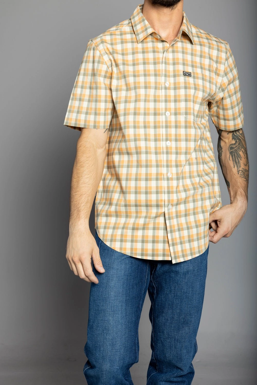 Limited Edition Kimes Ranch Mens Go Round Plaid Gold Cotton Blend L/S Shirt