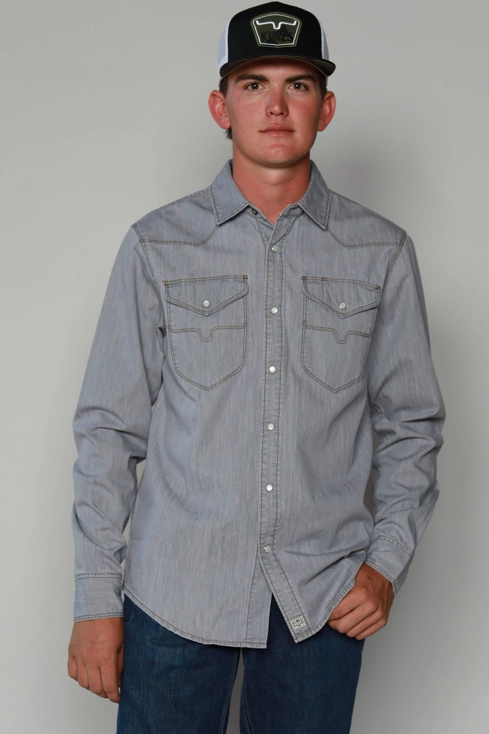 Kimes Ranch Mens Grimes Grey Denim Cotton Blend L/S Western Shirt Student Essential