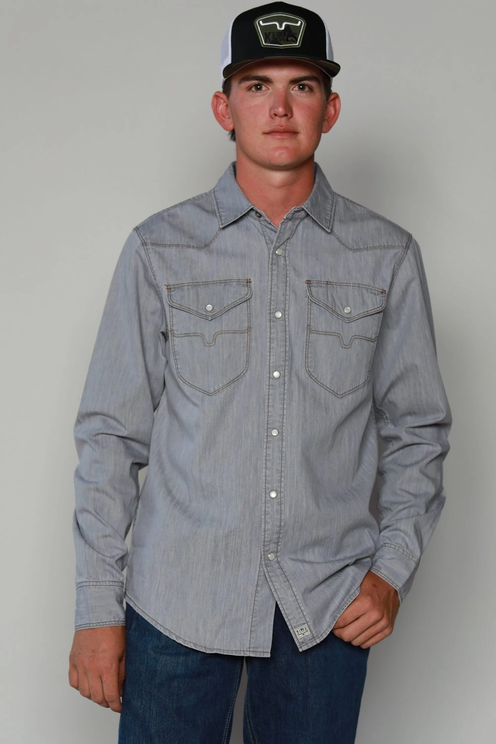 Kimes Ranch Mens Grimes Grey Denim Cotton Blend L/S Western Shirt Lightweight texture