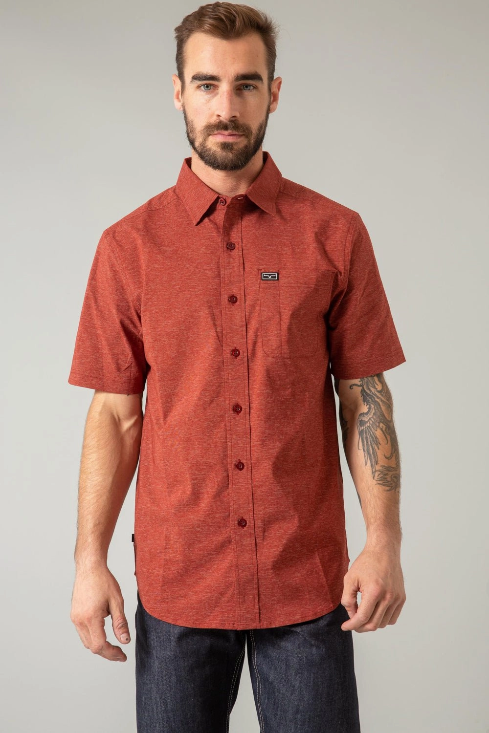 Kimes Ranch Mens Linville Solid Dark Red Cotton Blend S/S Shirt Quick-Dry