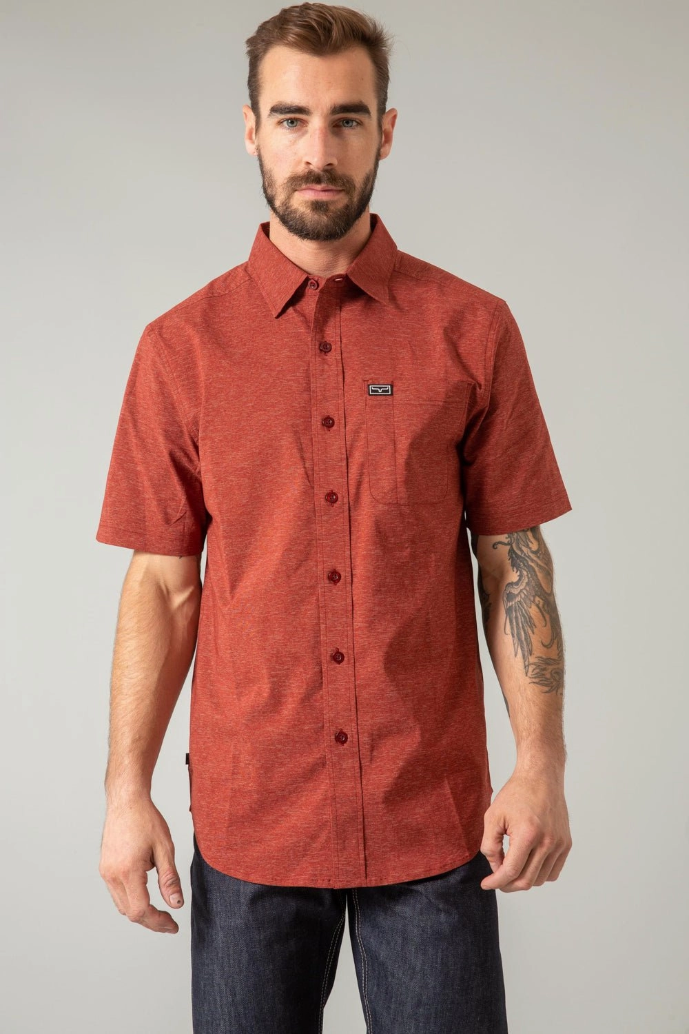 Luxury Feel High-End Finish Kimes Ranch Mens Linville Solid Dark Red Cotton Blend S/S Shirt